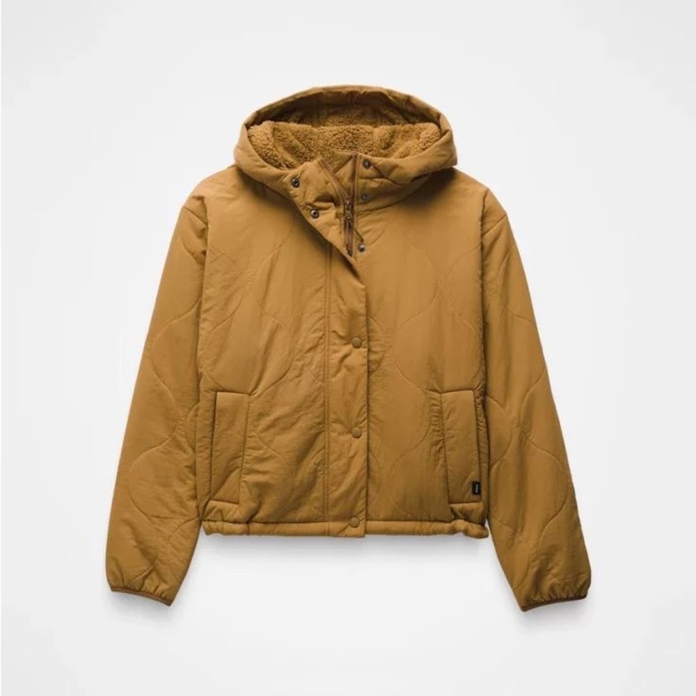 Prana Hooded Puffer Jacket in Warm Camel